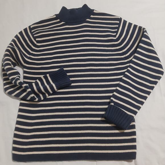 GAP Medium 100% Cotton Mock-Neck Blue/Cream Striped Tunic Sweater Ribbed Cuff - Picture 5 of 13